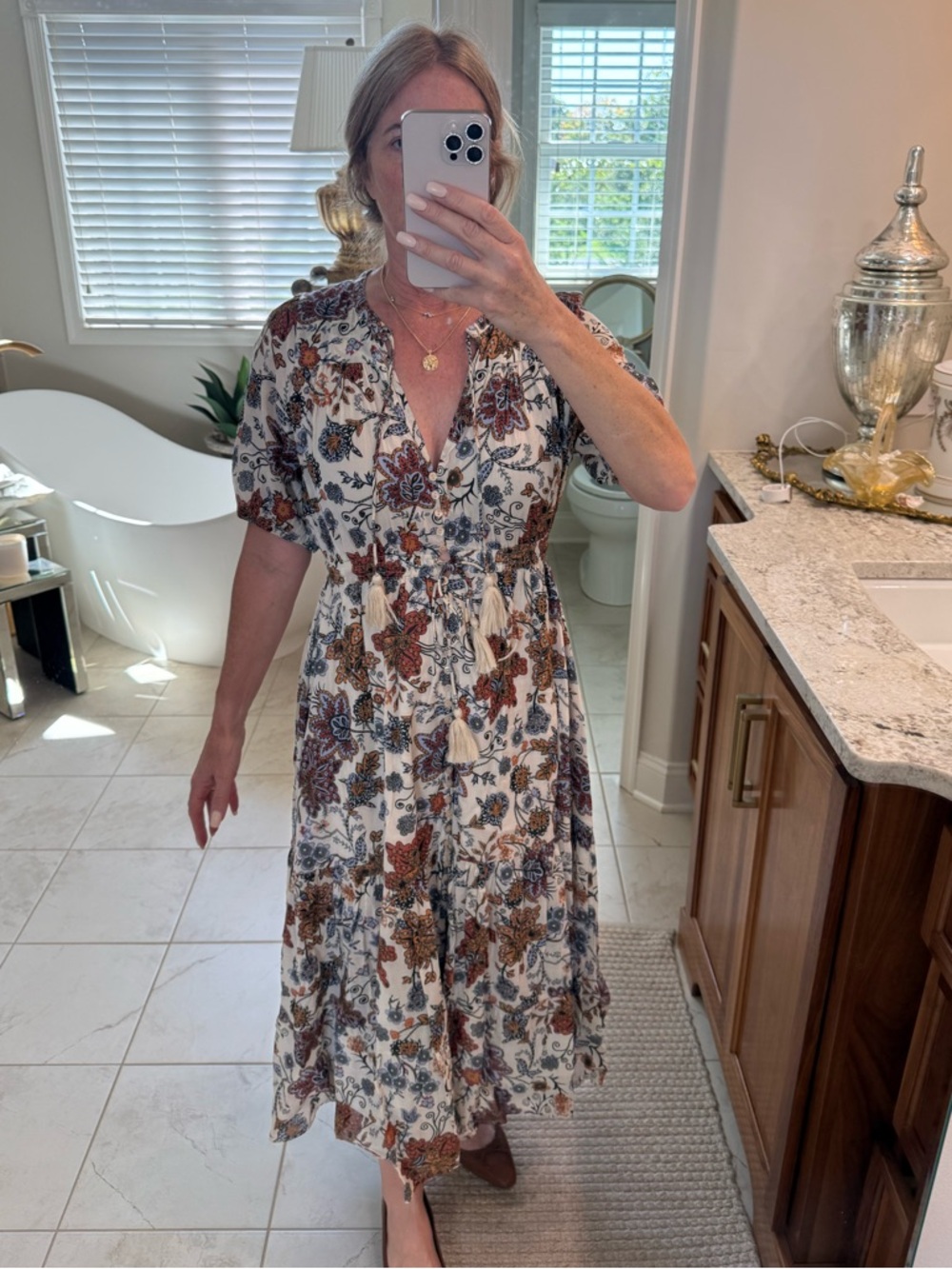 Elan Floral Boho Tiered Maxi Dress Puff Sleeve Tassel Size M
